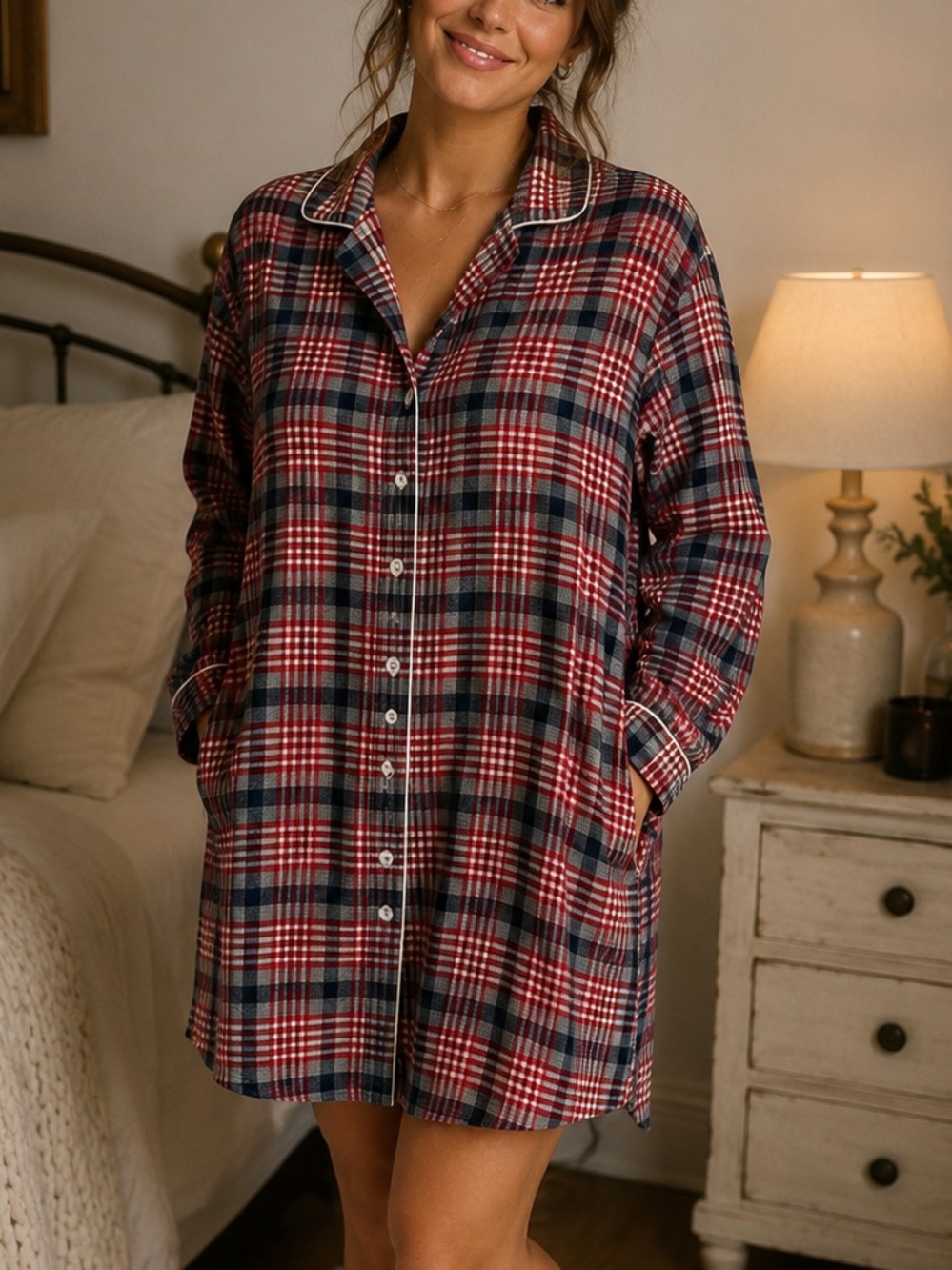 Erika Taylor Red Plaid Flannel Nightgown Sz large country cottons